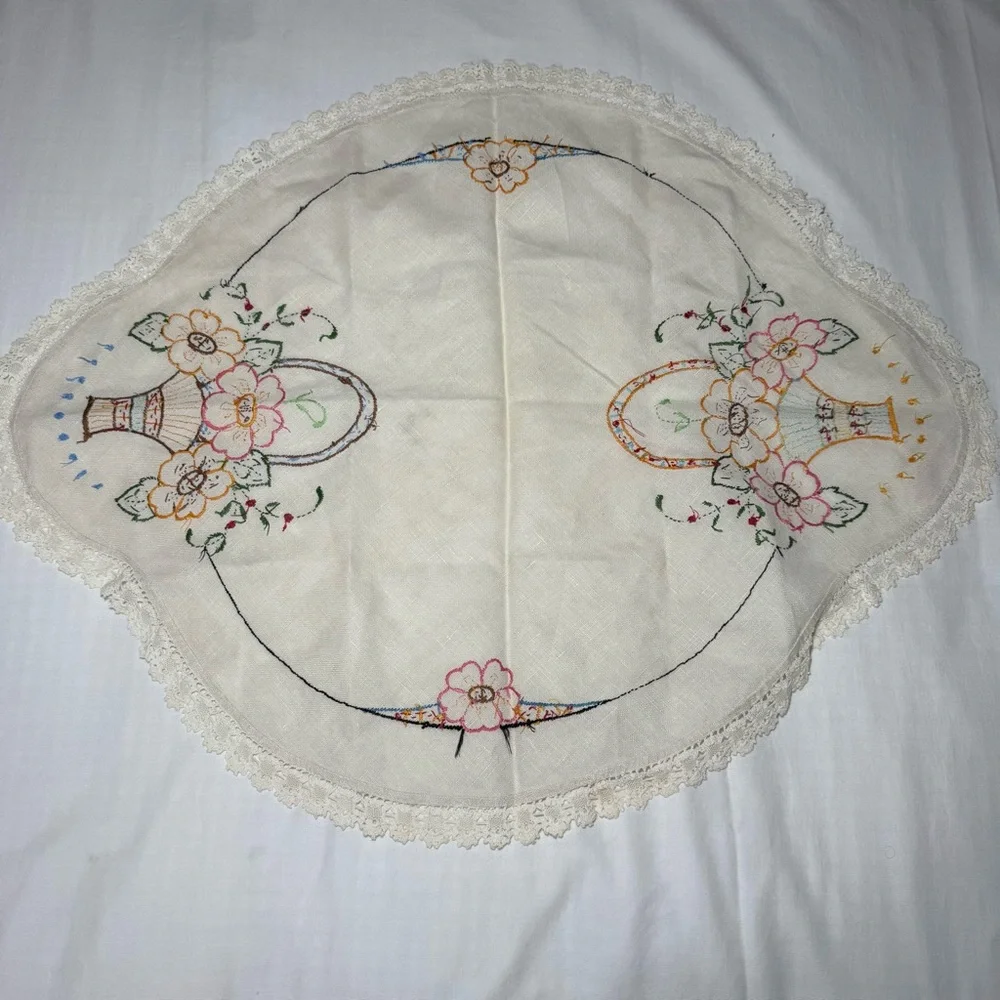 Vintage Linen Cross Stitch Oval Table Floral Basket 28”x21.5” Basket Of Flowers